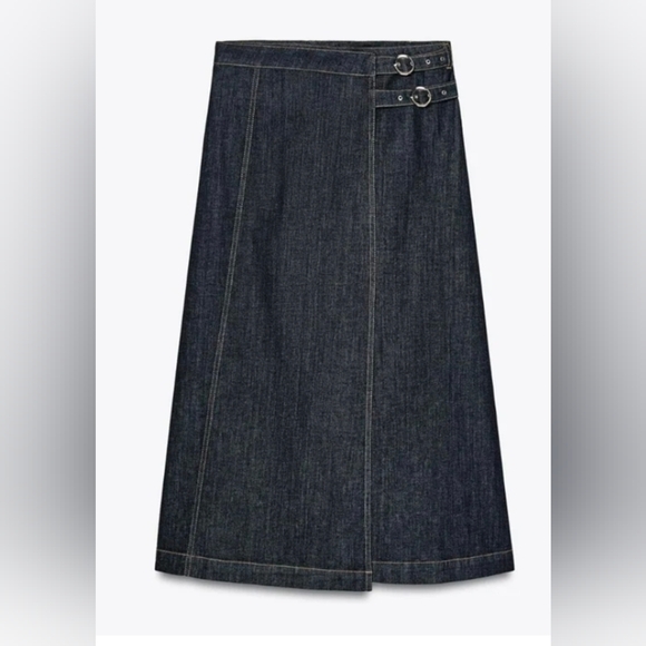 ❤️ ZARA CROSSOVER DENIM MIDI SKIRT, SMALL - Picture 2 of 12